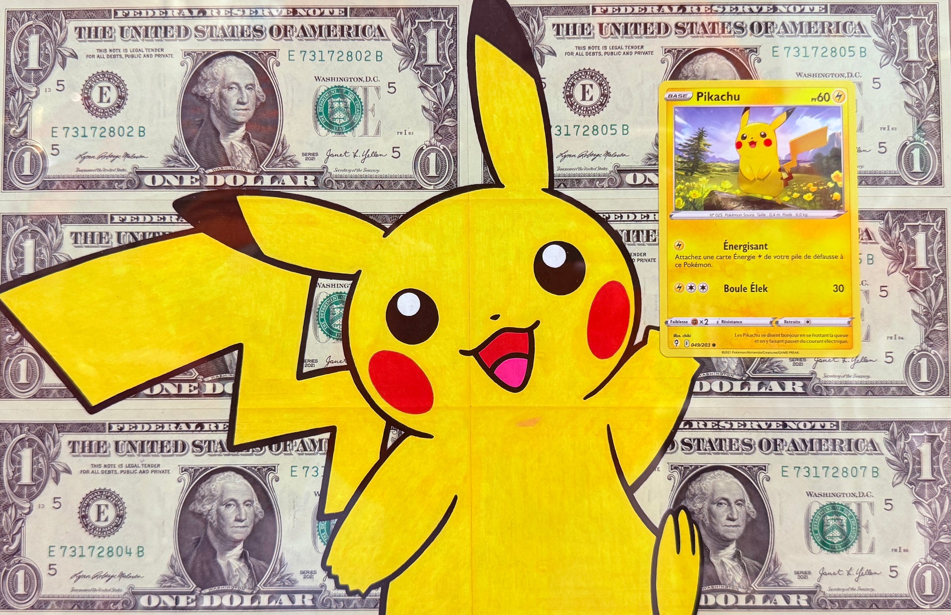 Pikachu – DollarArt, Pop Art su dollari | Galleria Temide Savona