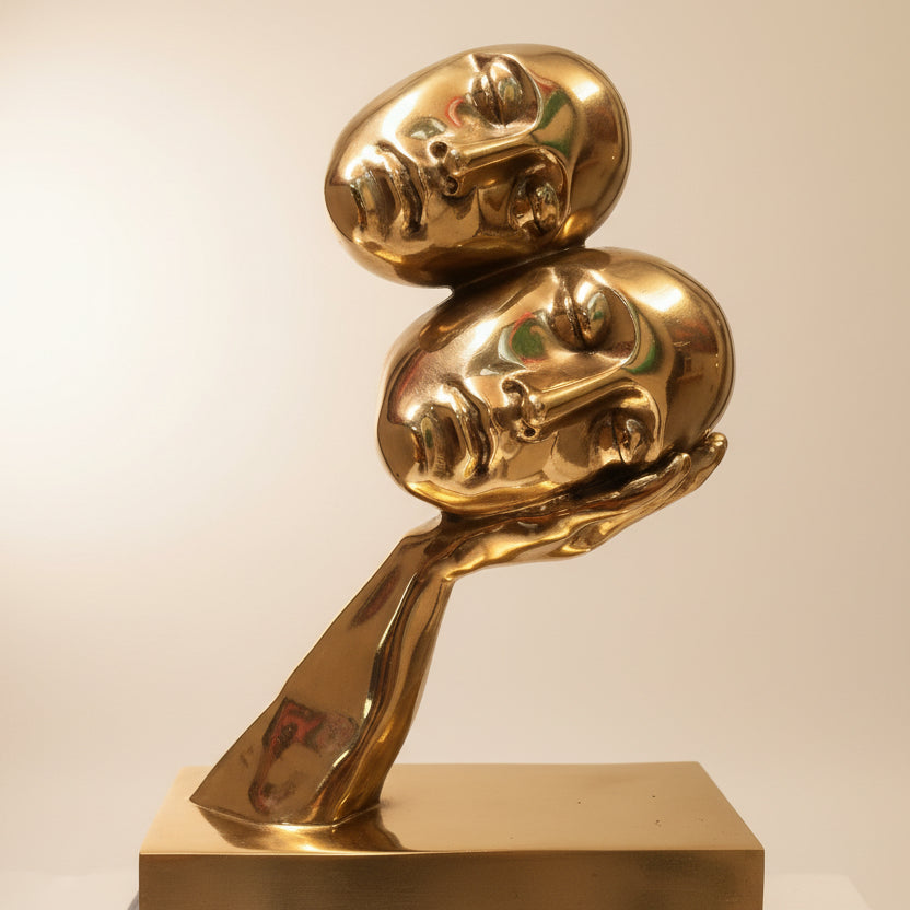 Doppia faccia – Marco Ferrara, scultura in ottone | Galleria Temide Savona
